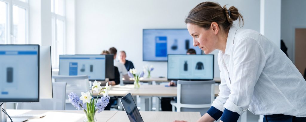 Spezialist räumt am frisch aufgeräumten Schreibtisch Produktdaten auf