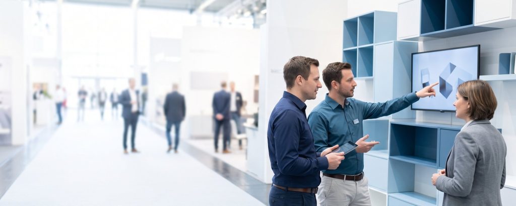 B2B-Vertriebsteam im Gespräch am Messestand
