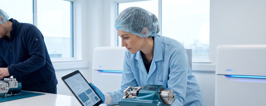 Ingenieur prüft ein Medizinprodukt an der Werkbank
