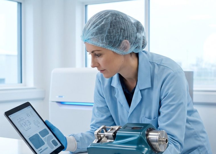 Ingenieur prüft ein Medizinprodukt an der Werkbank