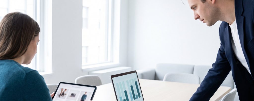 Performance marketer optimising a campaign on a laptop