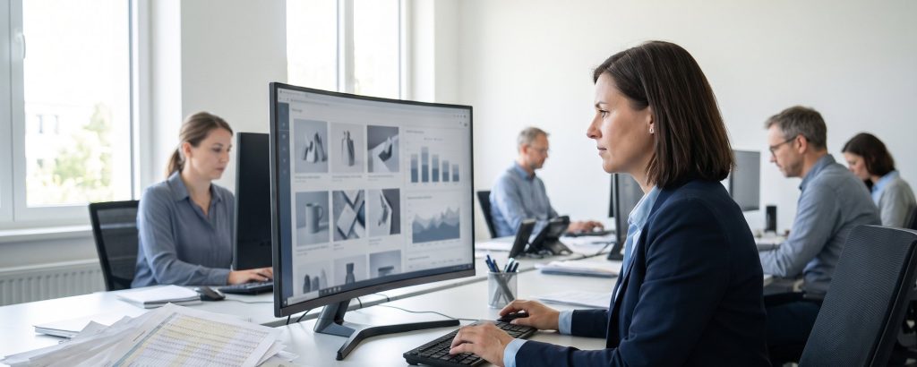 E-Commerce-Manager mit geordneten Produktdaten statt Tabellenstapel