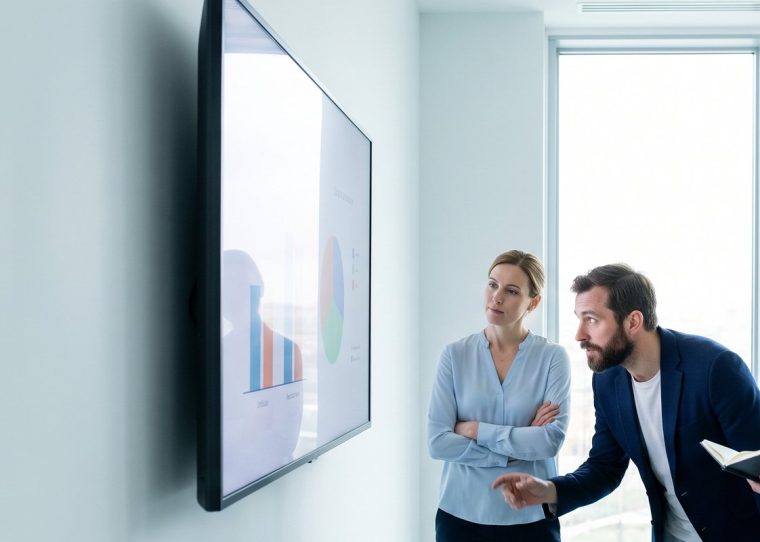 Team vergleicht Softwareoptionen am großen Bildschirm