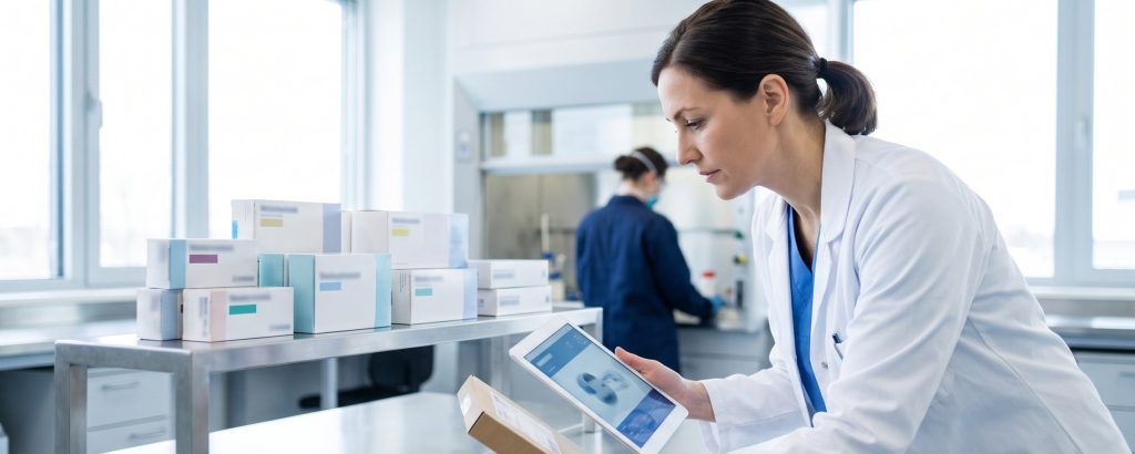 Qualitätsmanagerin prüft Medizinprodukt-Verpackungen gegen die Produktdaten