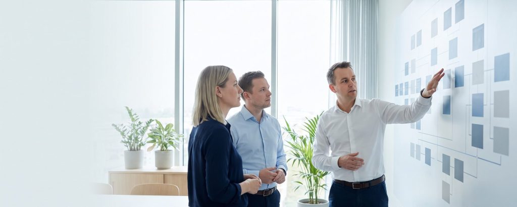 Implementation consultant explaining a process flow on the wall to a client team