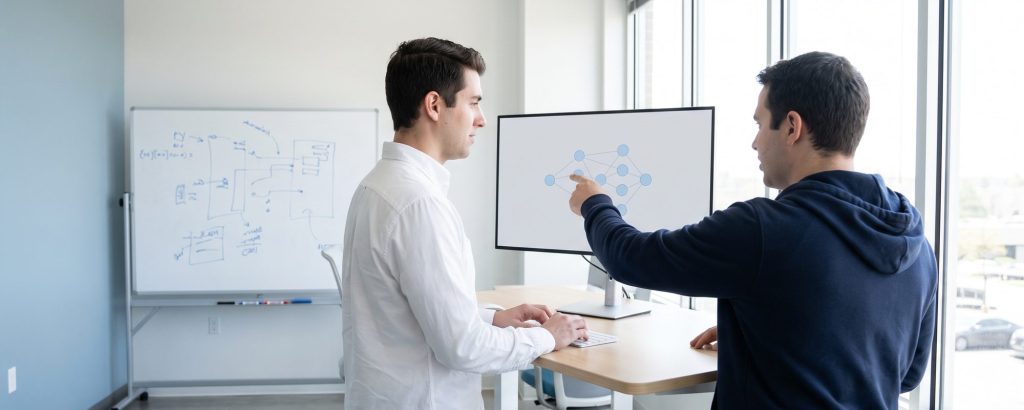 Zwei Softwareentwickler besprechen am Bildschirm eine Systemanbindung