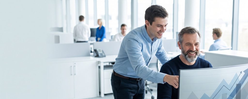 Marketingmanager freut sich über steigende Besucherzahlen am Bildschirm