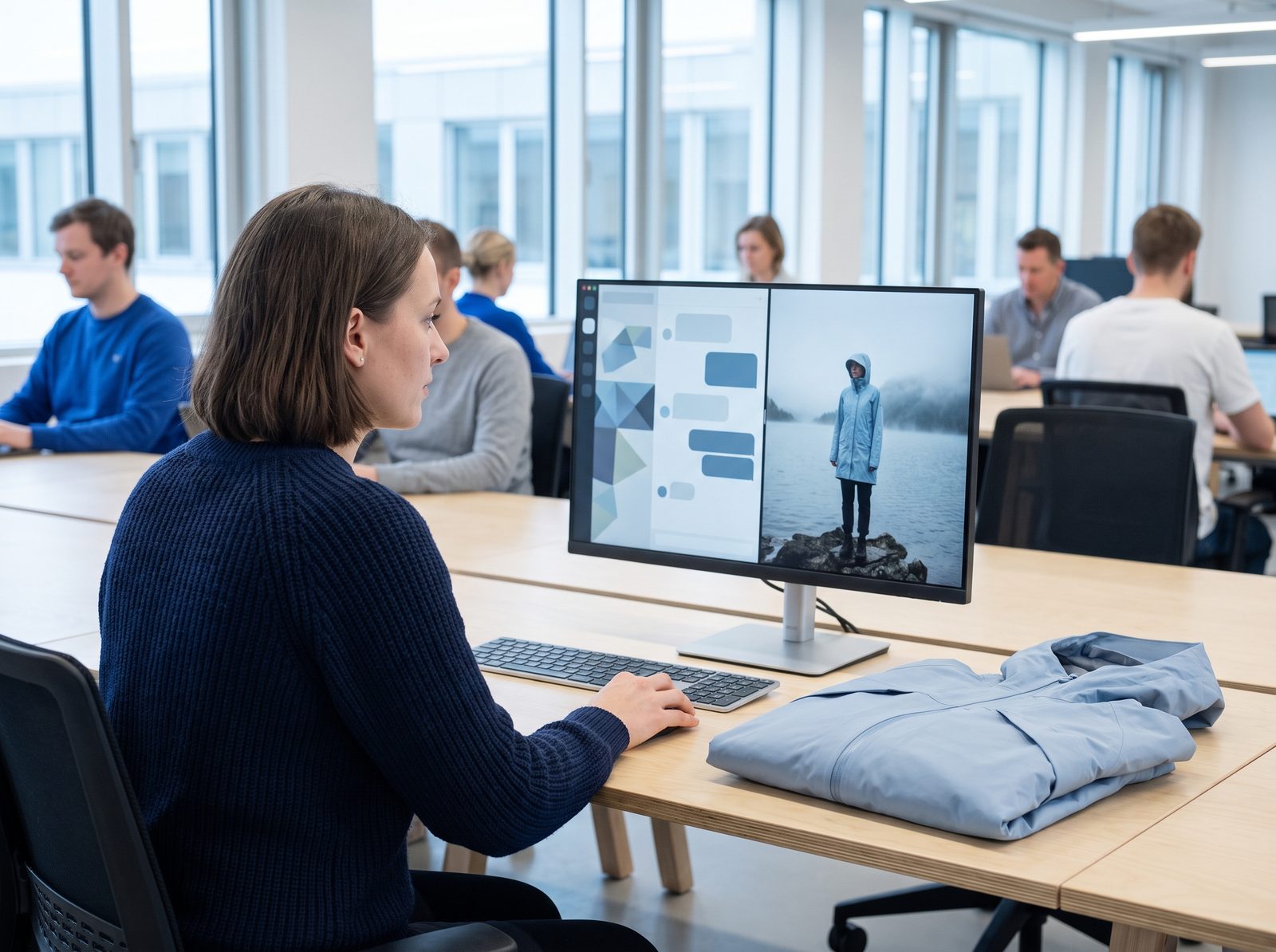 Produktmanagerin prüft am Bildschirm einen Vorschlag des KI-Assistenten neben dem Jackenmuster