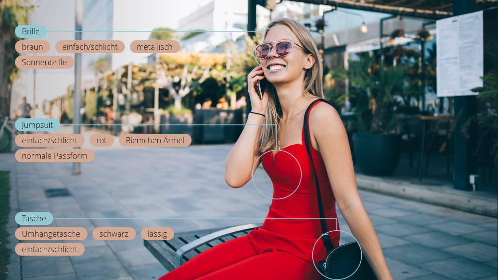 Seated woman in a red dress with object recognition applied to the photo