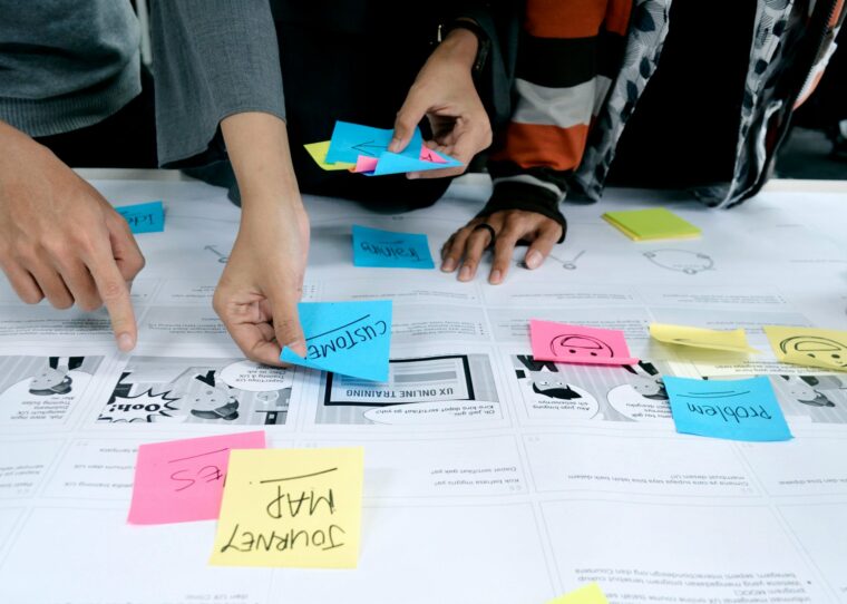 Four-person team at a wall of yellow and pink sticky-note columns, discussing the next step