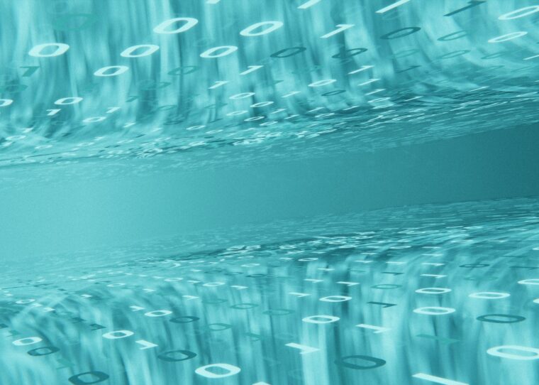 Abstract turquoise data stream representing the central product data foundation and its delivery across many channels