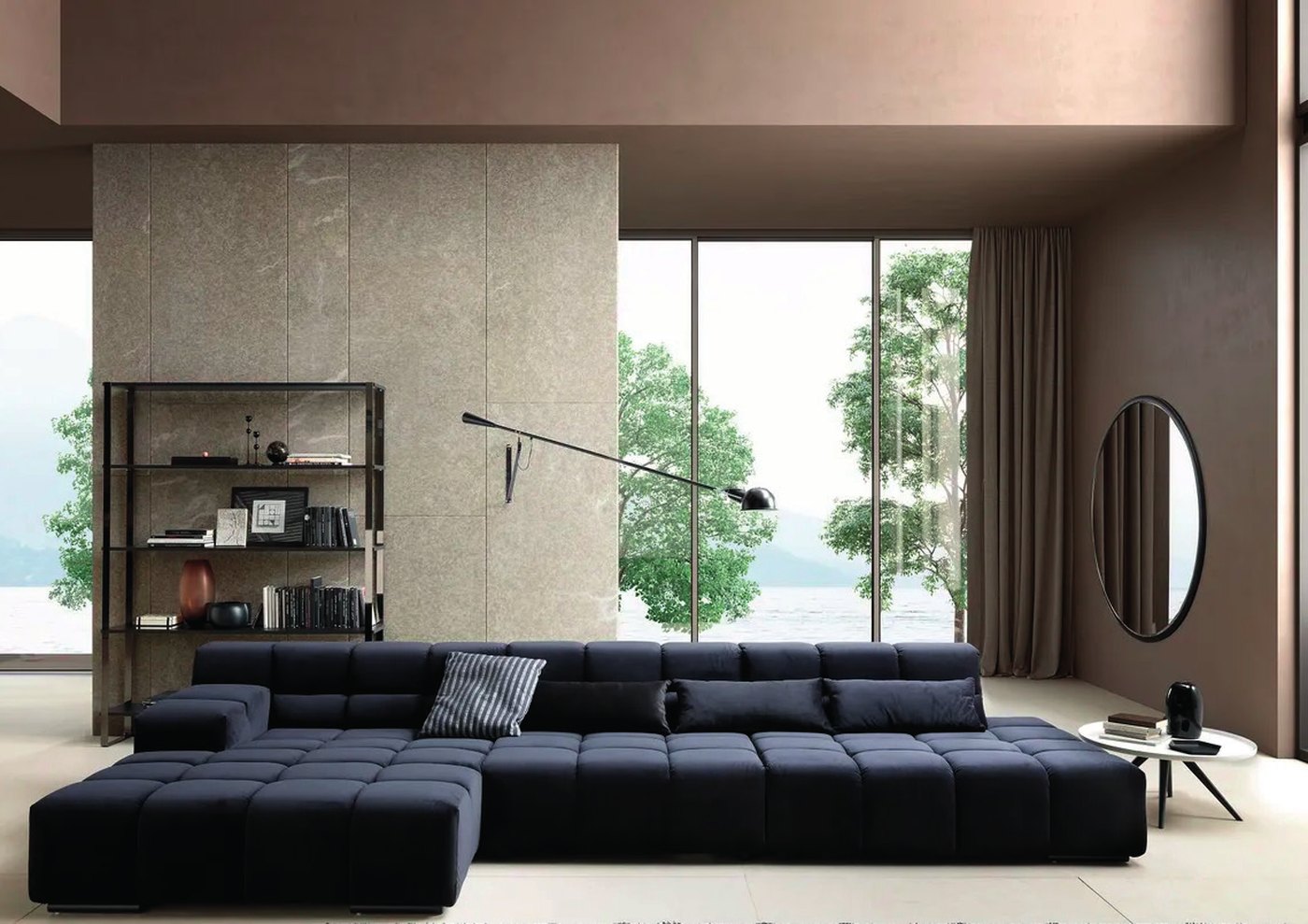 Modernes Wohnzimmer mit Sofa – OMN steuert die Produktbilder bei SEGMÜLLER zentral