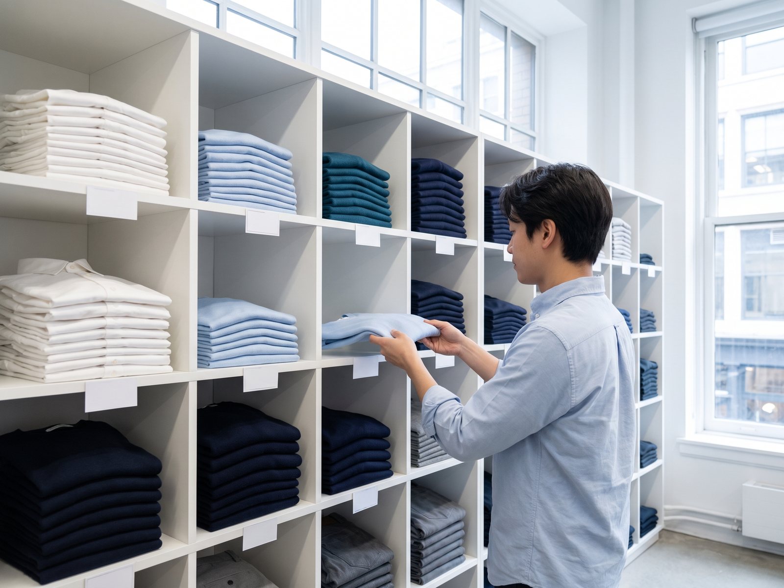 Clothing sorted by type and colour in a bright stockroom