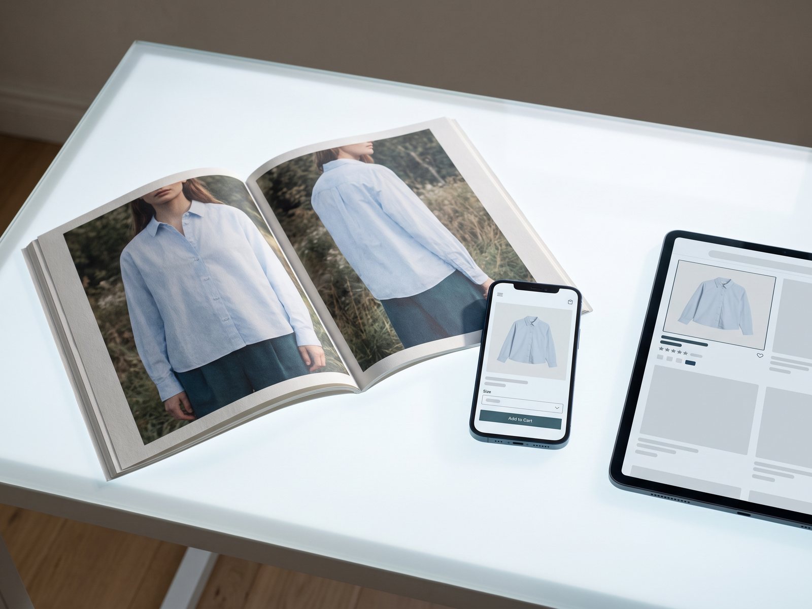 The same blouse in the printed catalogue, the online shop and on a marketplace