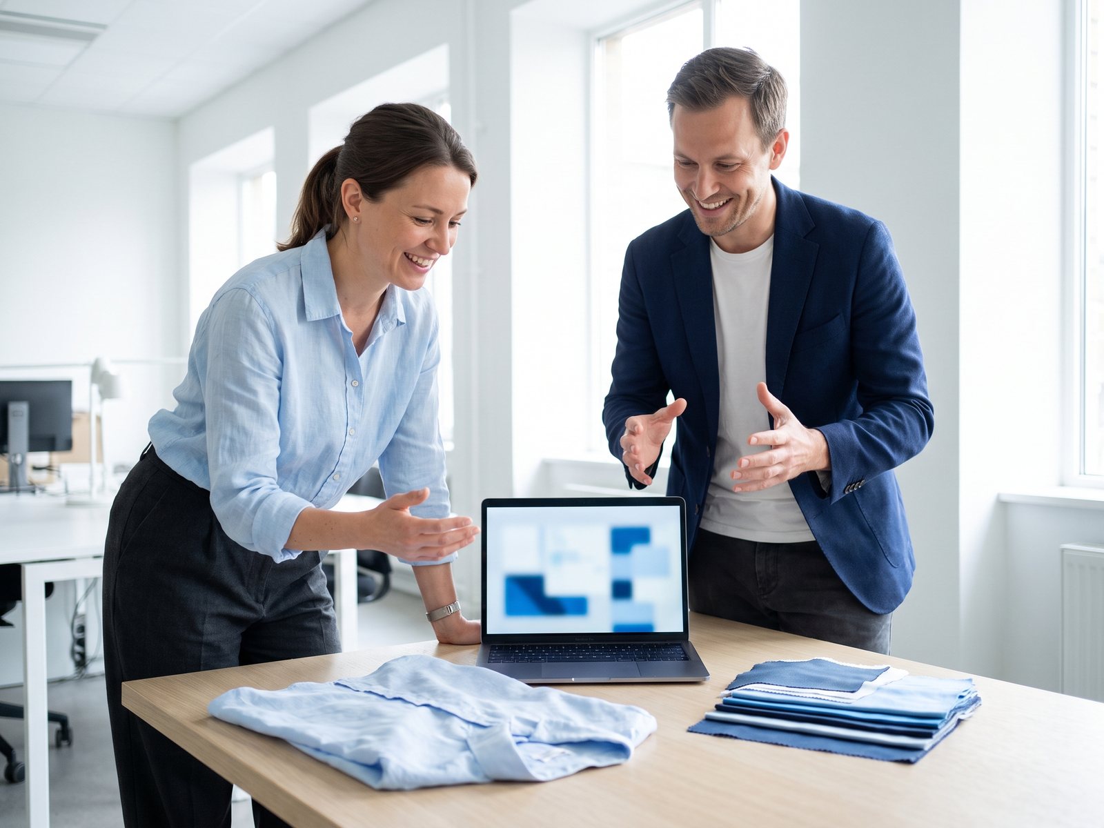 Project kick-off: two colleagues with a laptop and a blouse sample