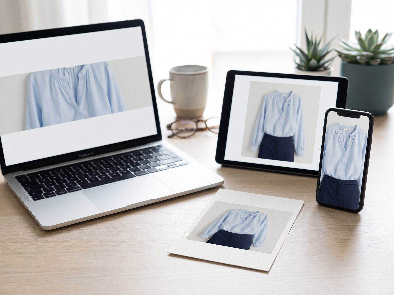 Dasselbe Produktfoto in verschiedenen Formaten auf Laptop, Tablet, Smartphone und Ausdruck