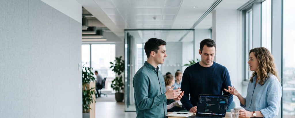 Three colleagues talking at a standing desk in the office