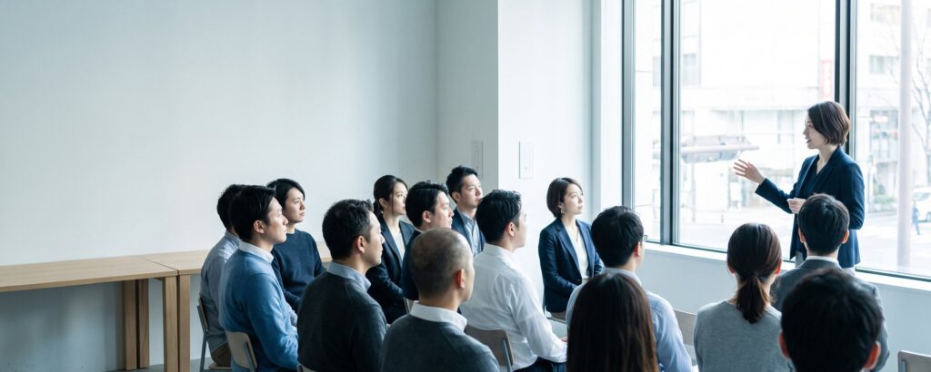 Talk in front of a small audience in a bright seminar room