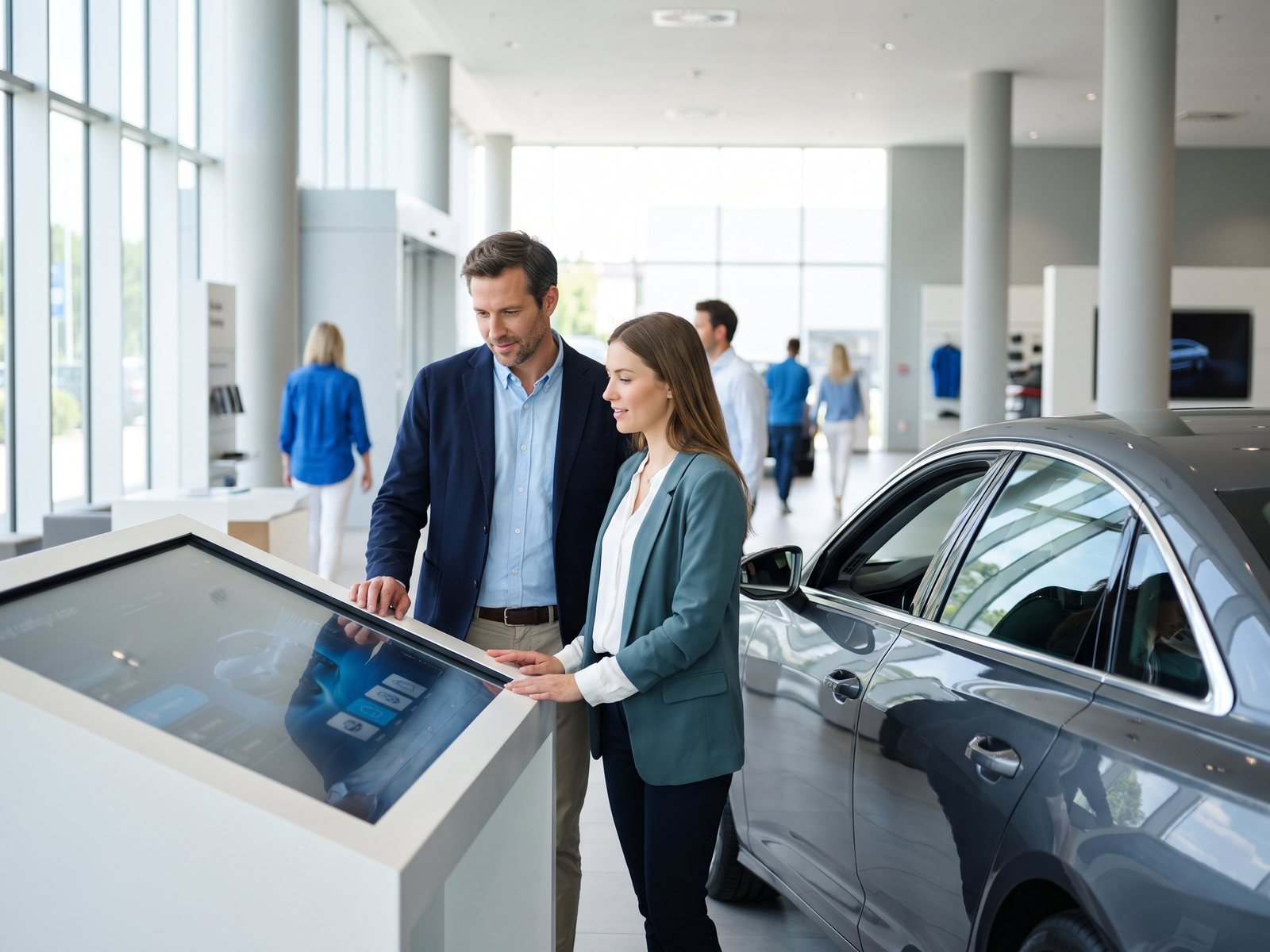 Customer and salesperson comparing options in the showroom