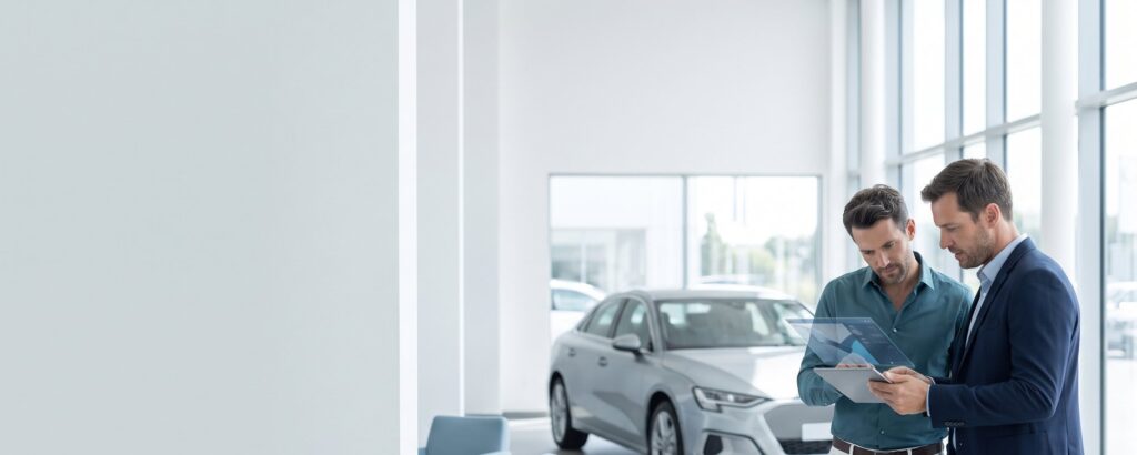 Salesperson showing a customer vehicle details on a tablet in a car showroom