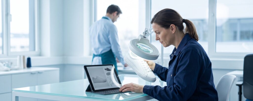 Qualitätsmanagerin prüft einen Sneaker gegen die Produktdaten auf dem Tablet