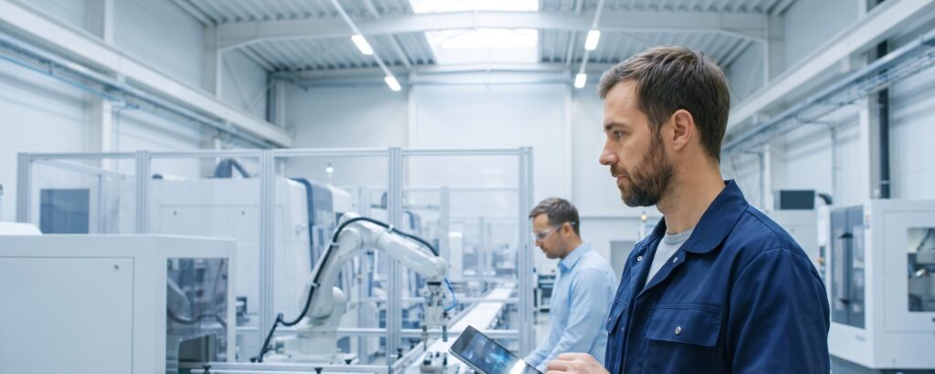 Ingenieur mit Tablet in einer hellen, modernen Fertigung