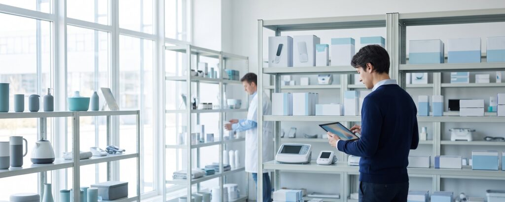 Product manager checking medical, pharma and consumer goods on shelves