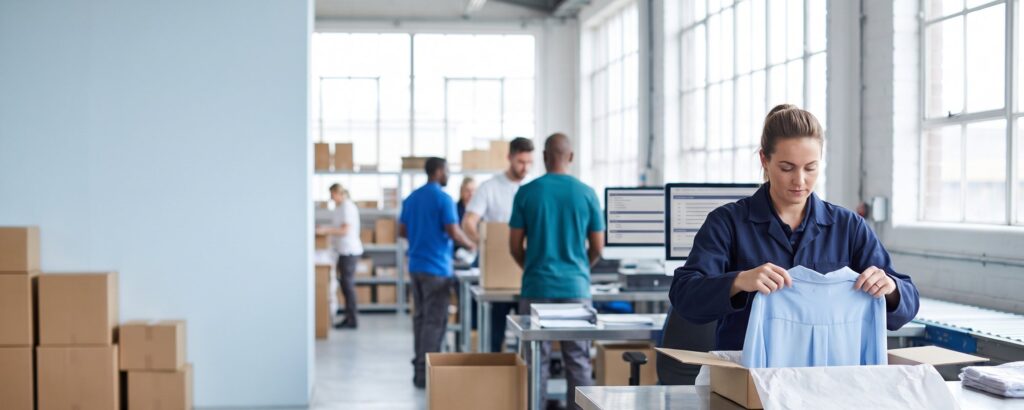 Mitarbeiter verpackt eine Bluse im Versandlager