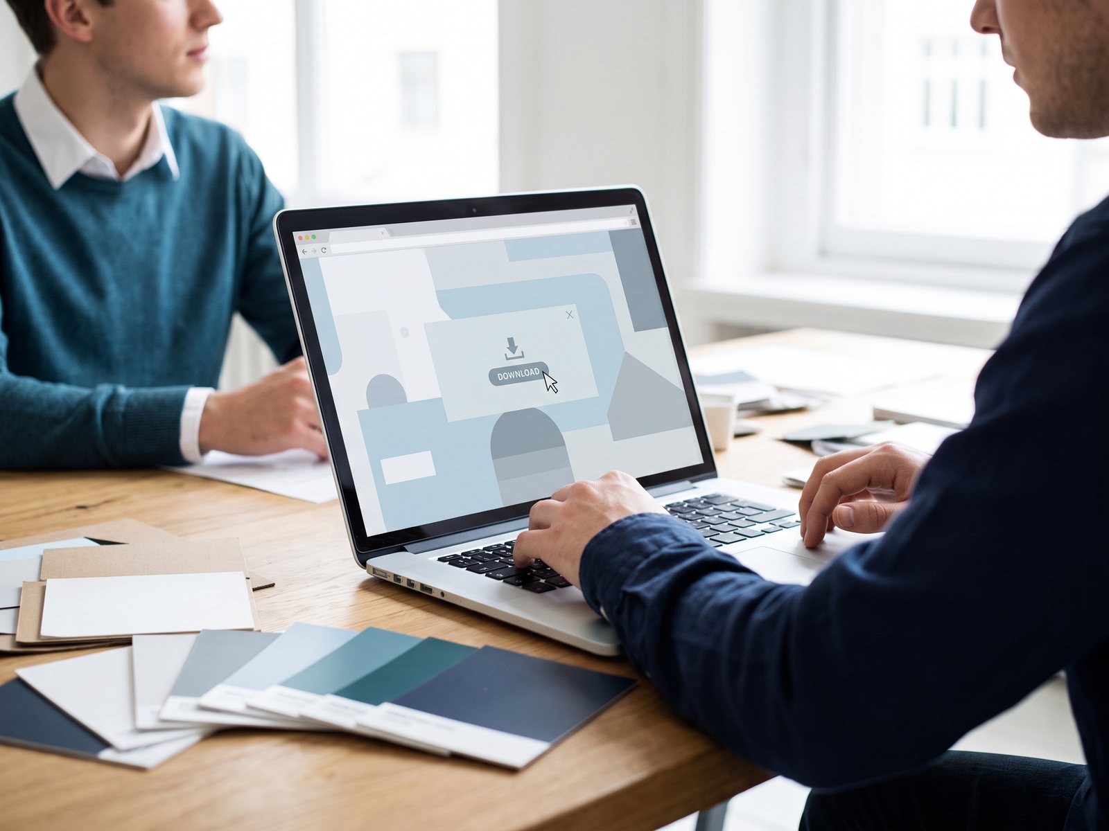 Marketerin lädt Markenmaterial aus einem Portal