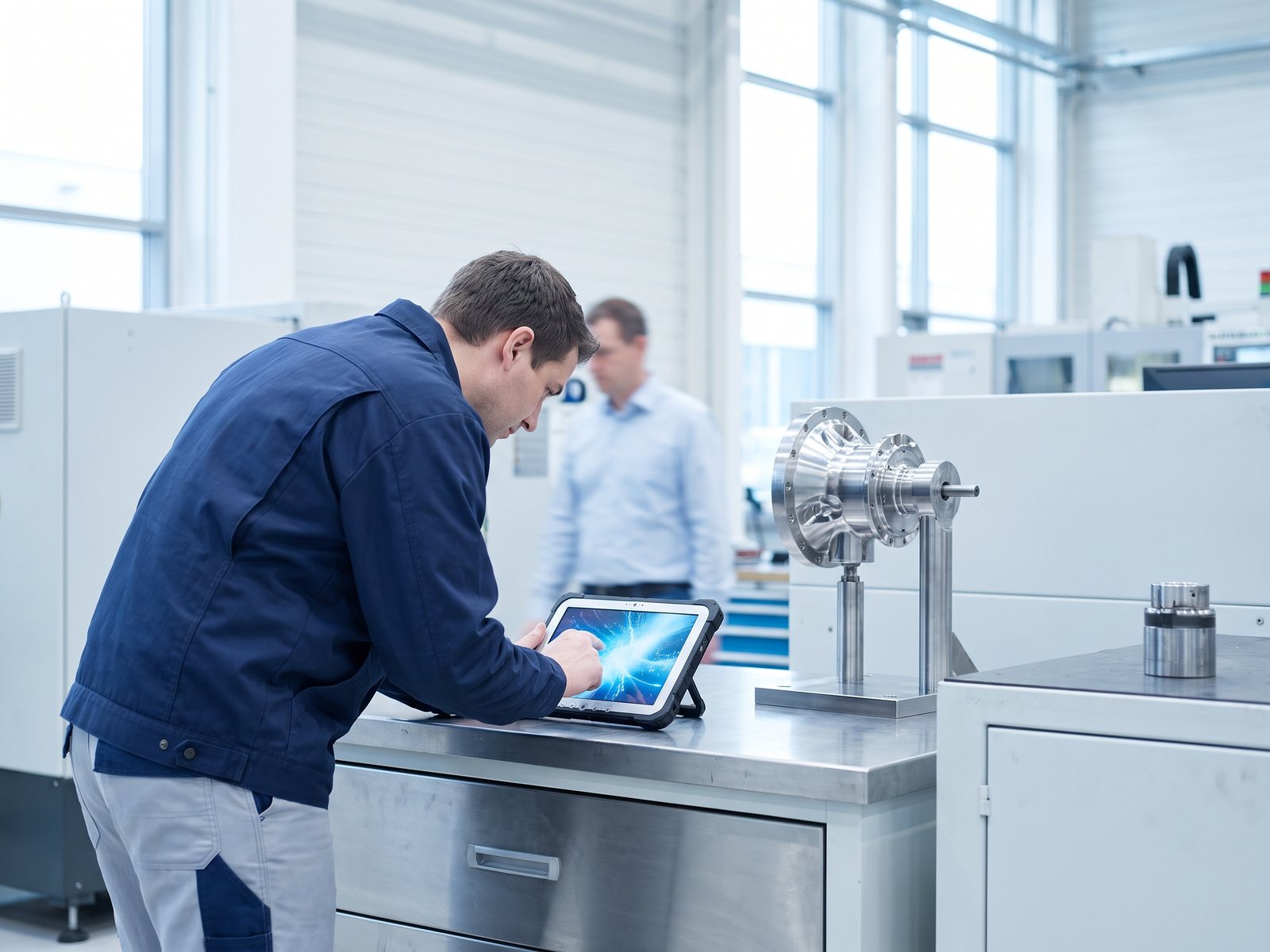 Techniker aktualisiert technische Daten am Tablet