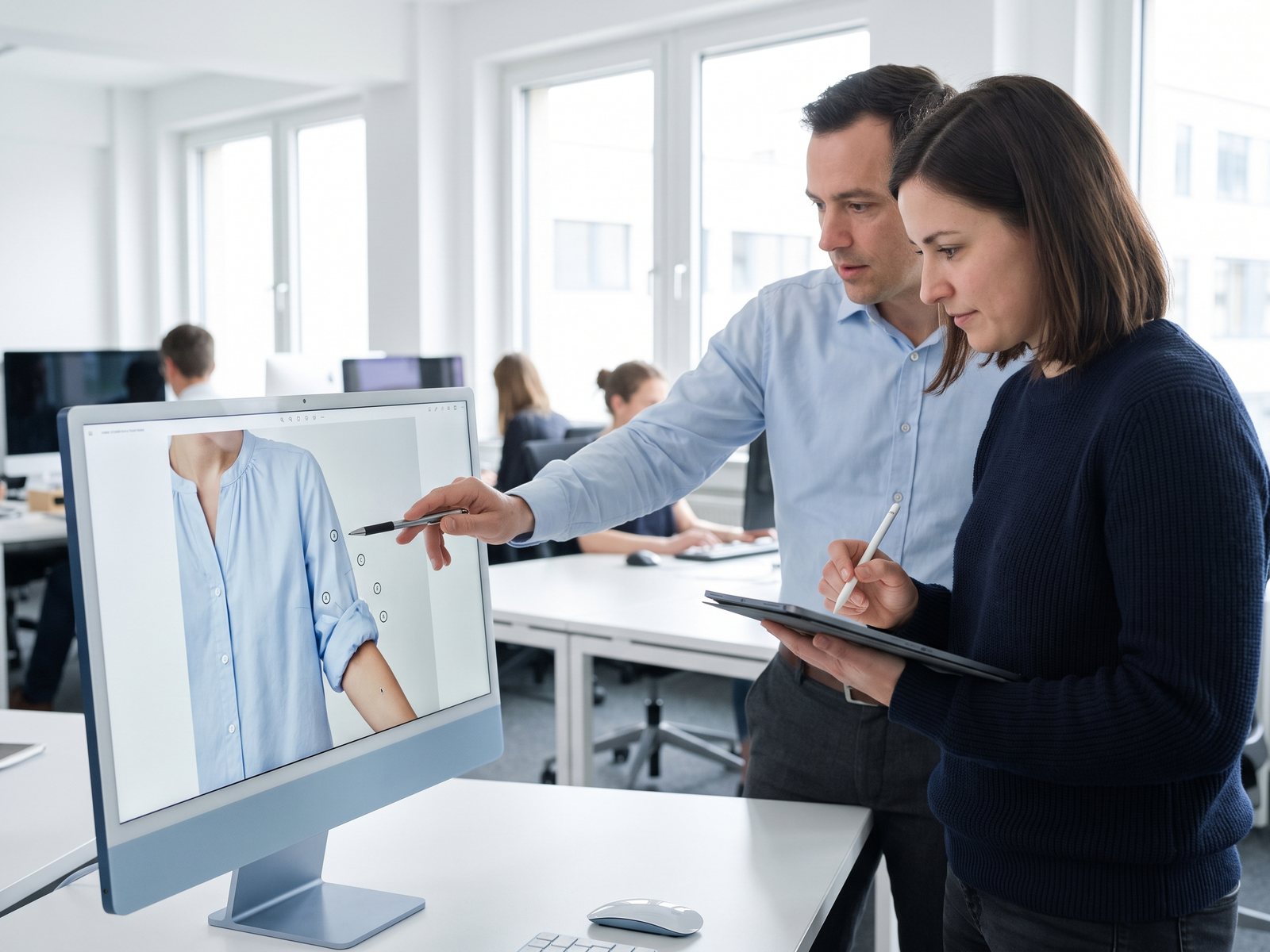 Two colleagues discussing annotations on a product photo on screen