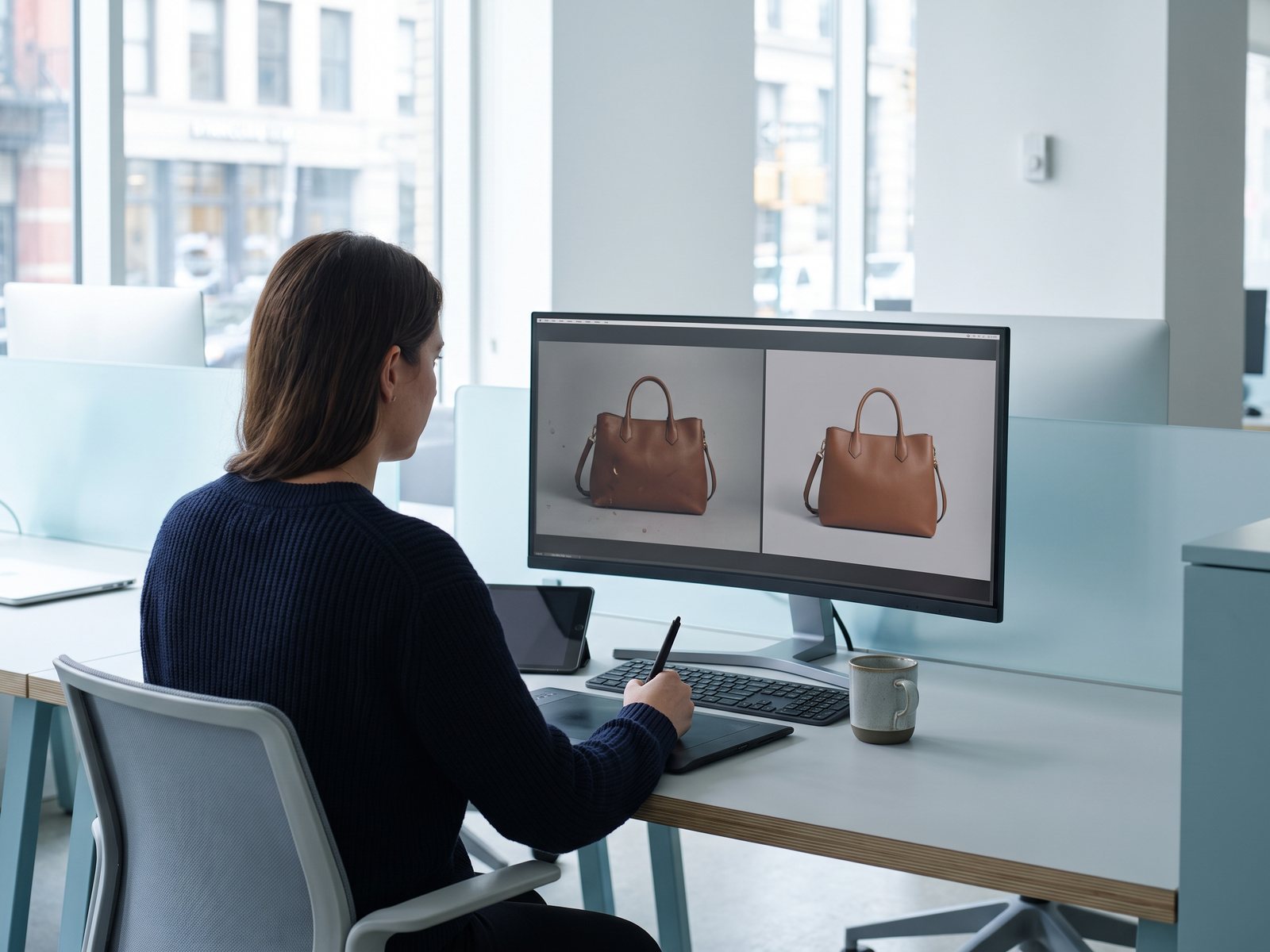 Image editor comparing a handbag photo before and after retouching