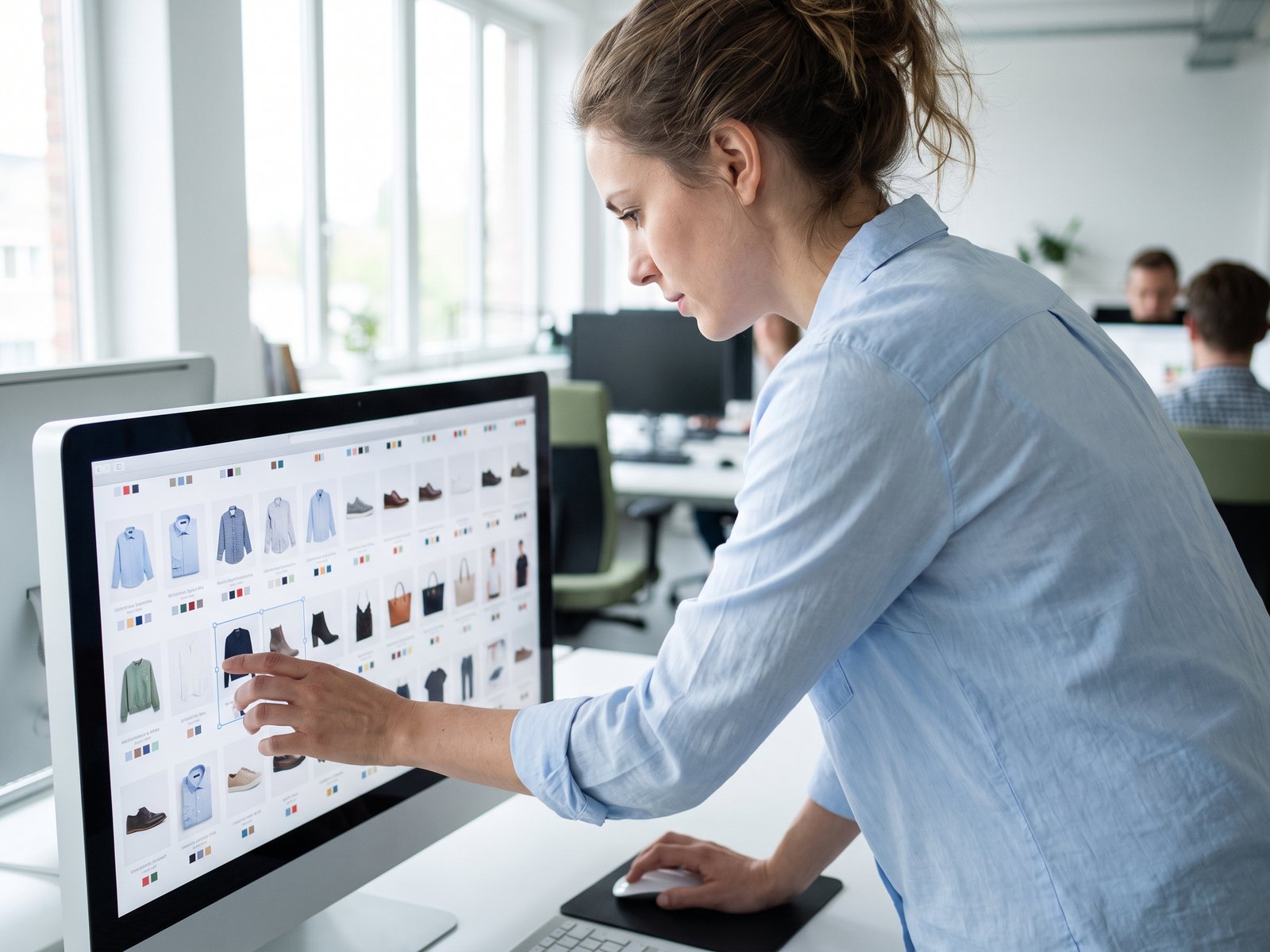 Employee organising tagged product images on screen