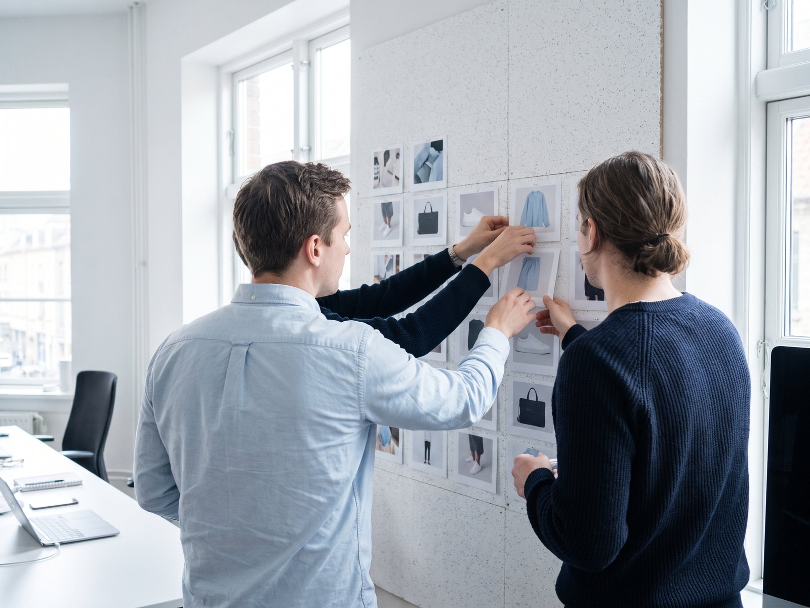 Zwei Kollegen ordnen Produktkarten an einer Pinnwand neu an