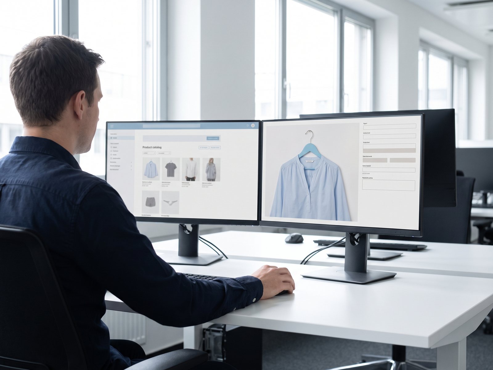 Produktdatenmanager arbeitet an zwei Bildschirmen mit Produktliste und Produktansicht