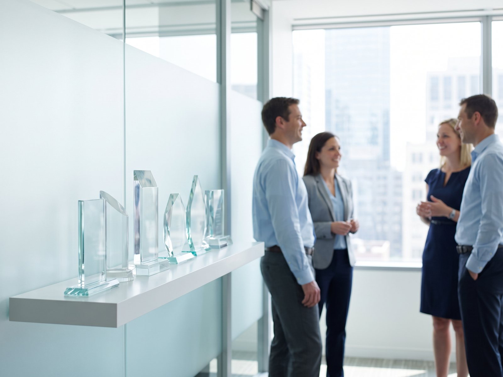 Glass awards on an office shelf