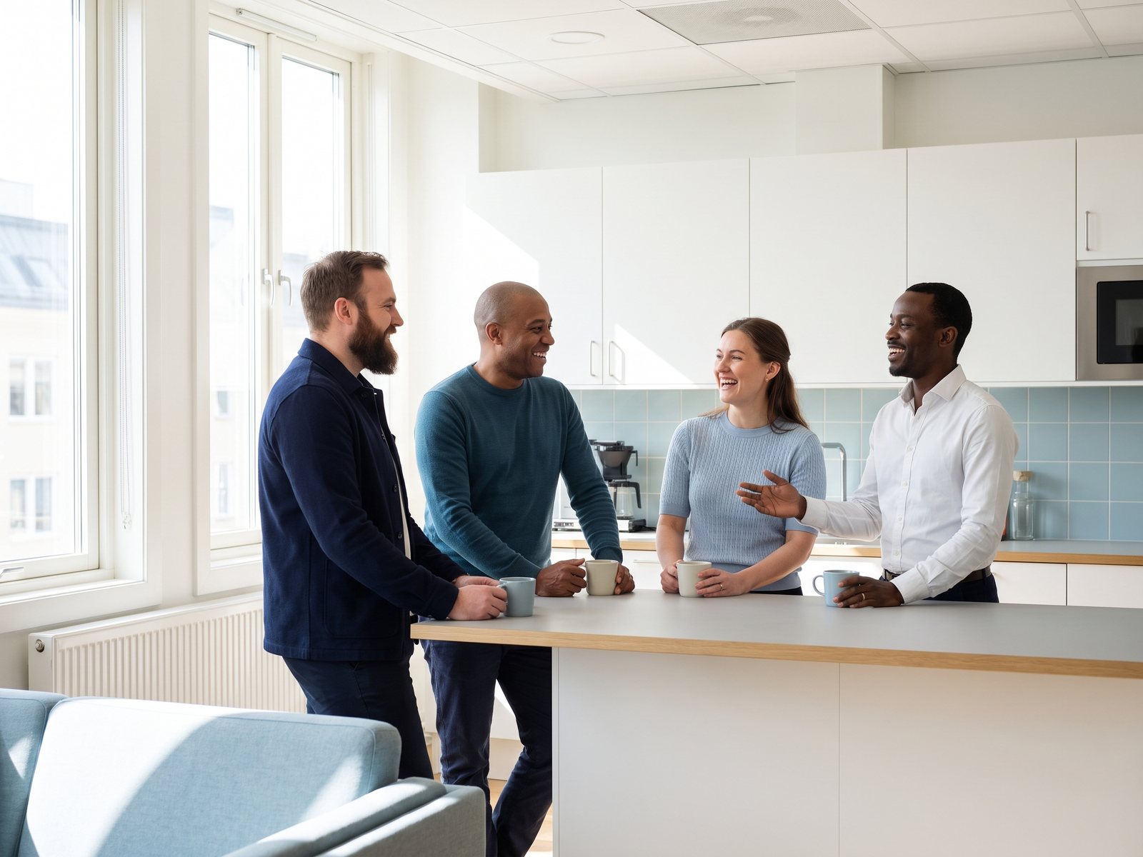 Colleagues talking in the office kitchen