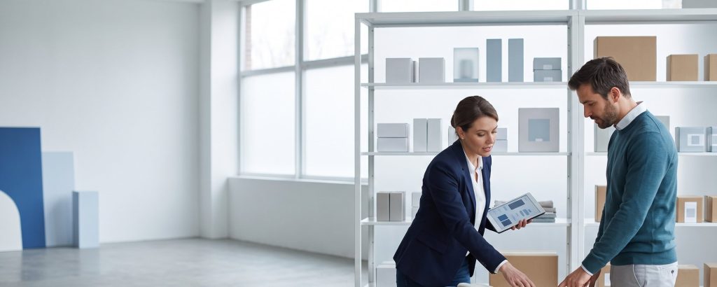 Buyer and sales representative discussing product samples in a showroom