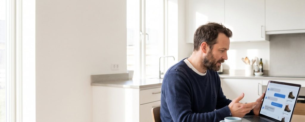 Man getting product recommendations from an AI assistant on his laptop