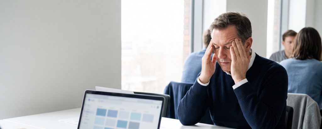 Produktmanager vor einer endlosen Tabelle am Laptop