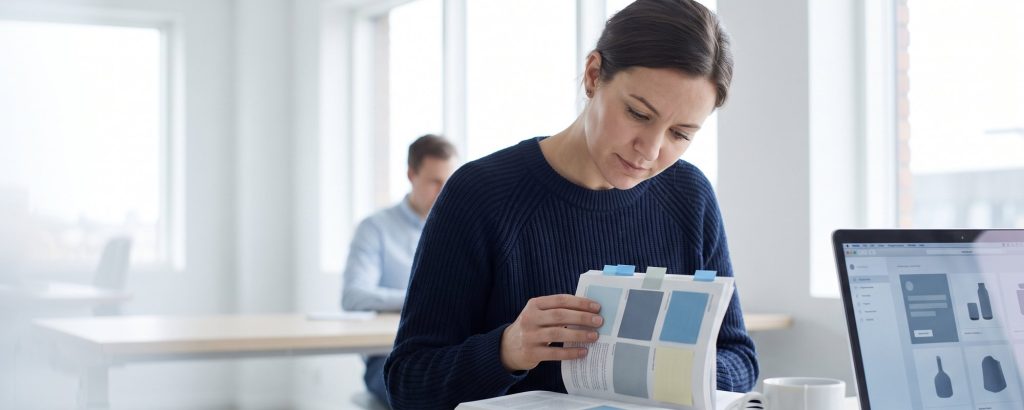 Marketing-Spezialistin schlägt Begriffe in einem Nachschlagewerk nach