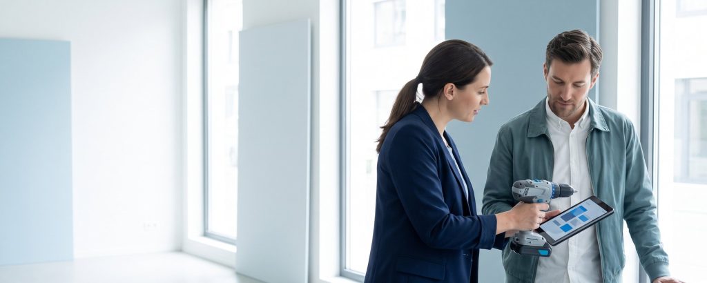 Manufacturer handing a product sample to a retail buyer