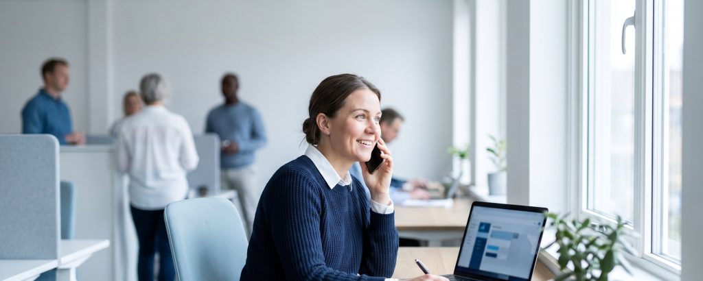 Consultant on a friendly phone call at a bright desk, taking notes