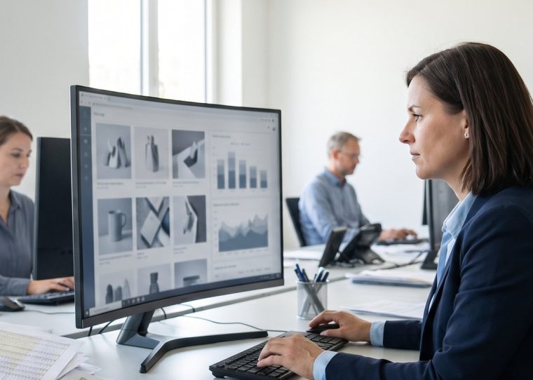 E-Commerce-Manager mit geordneten Produktdaten statt Tabellenstapel