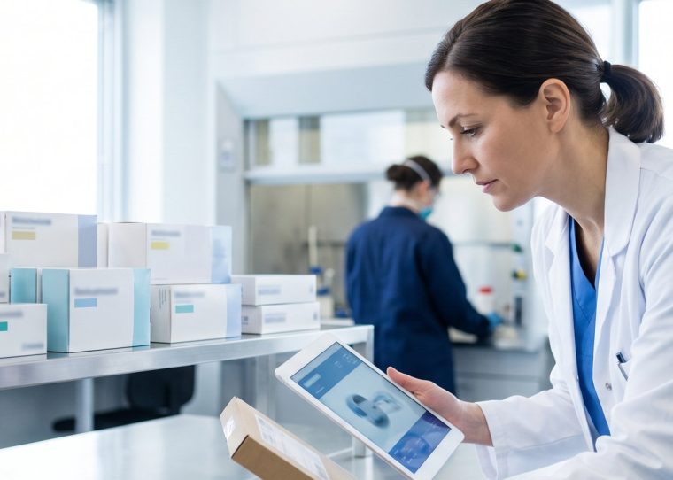 Qualitätsmanagerin prüft Medizinprodukt-Verpackungen gegen die Produktdaten