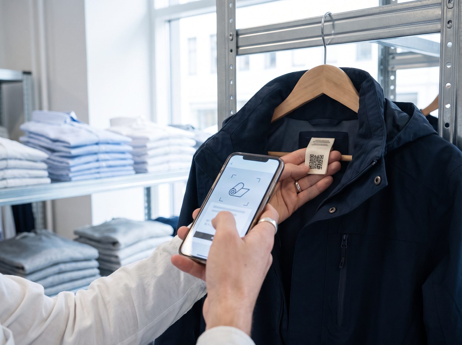 Smartphone scanning the QR code on a jacket label
