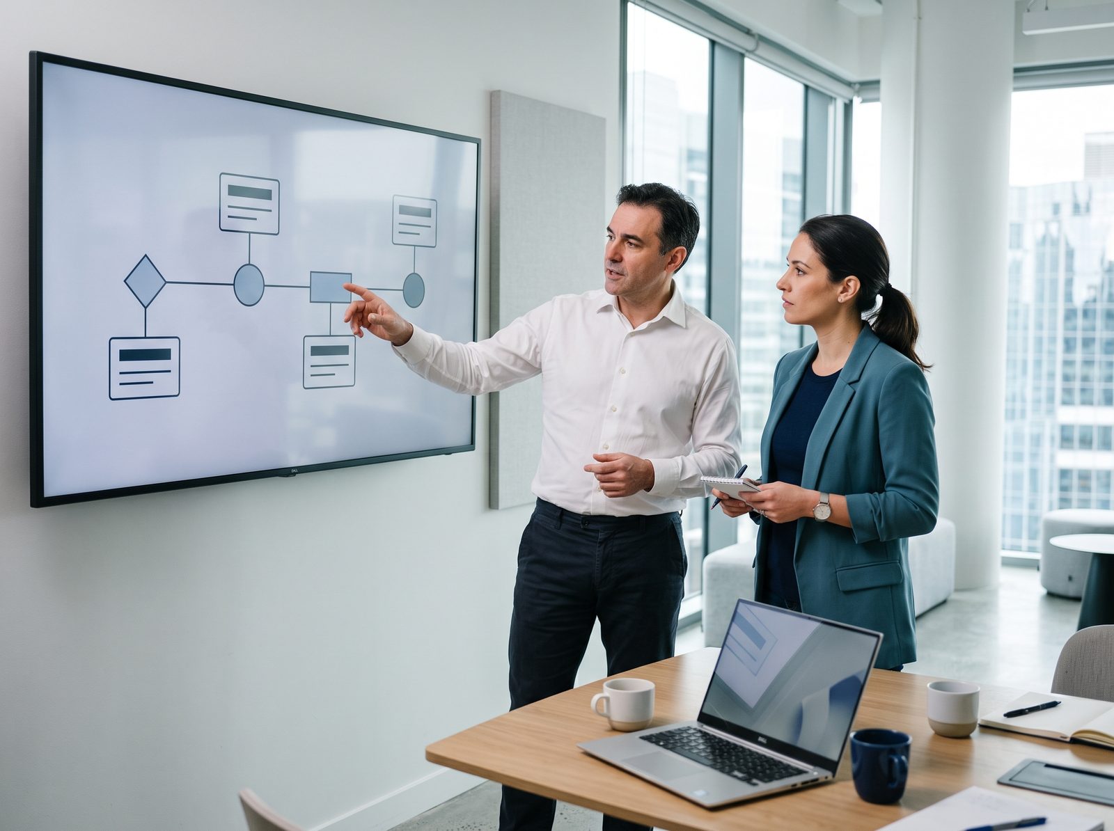 IT lead and product data manager planning the migration in front of a roadmap on screen