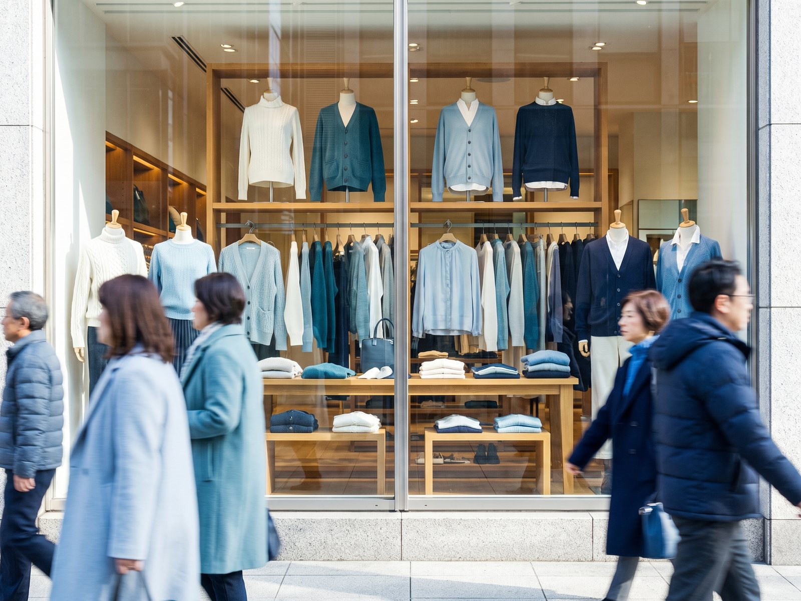 Shop window with blouses and knitwear in blue and white