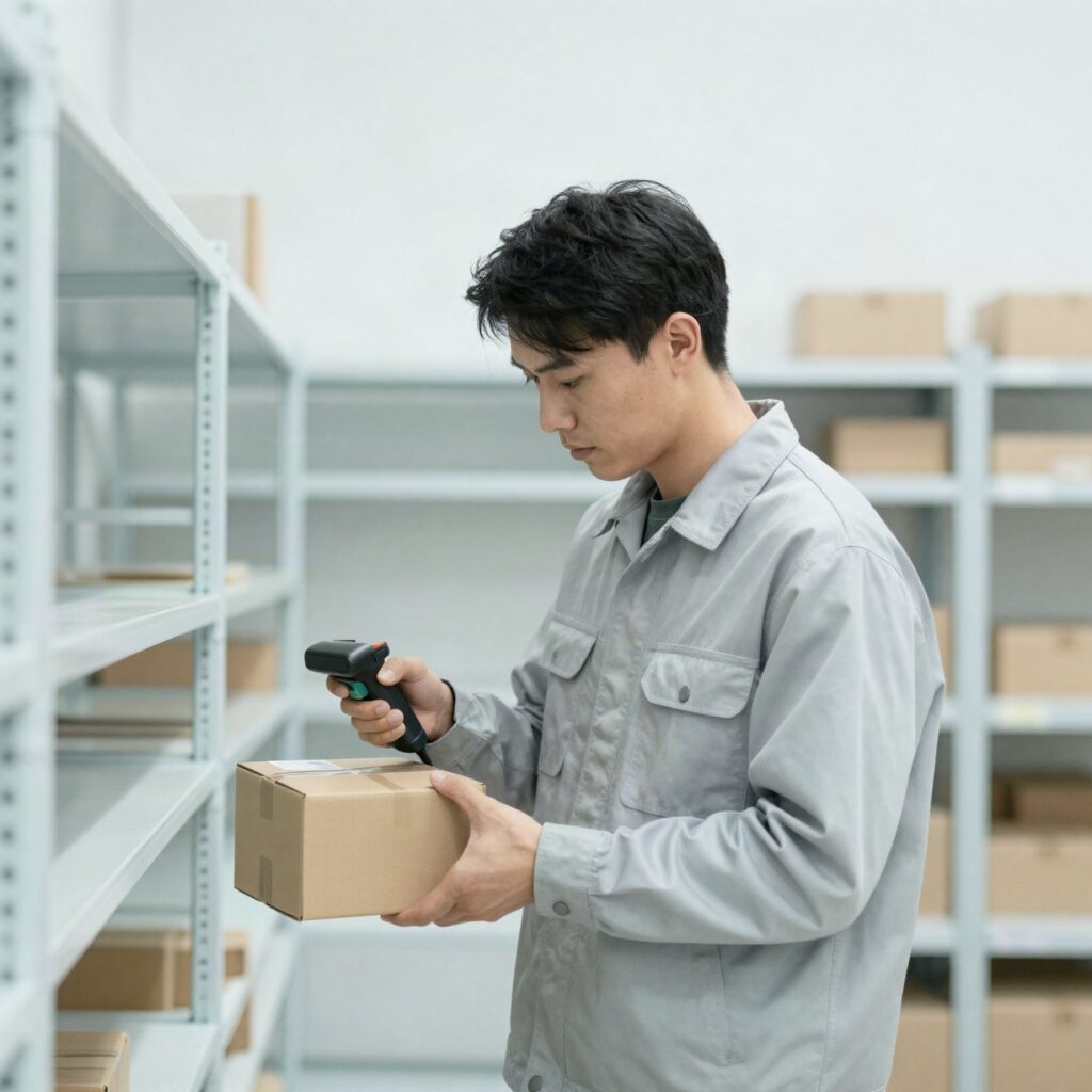 Employee scanning a parcel in a bright warehouse – product data is created where the goods are