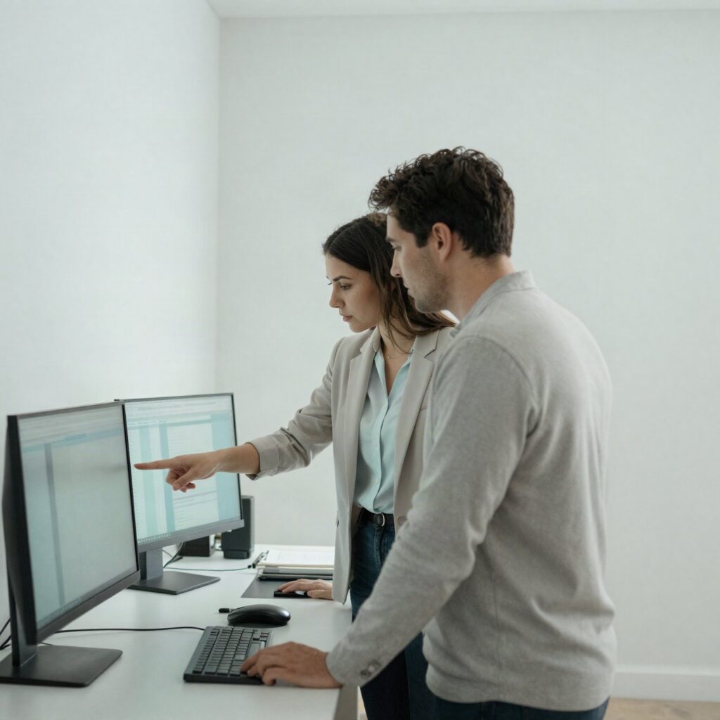 Zwei Kolleg:innen prüfen gemeinsam Produktdaten am Bildschirm